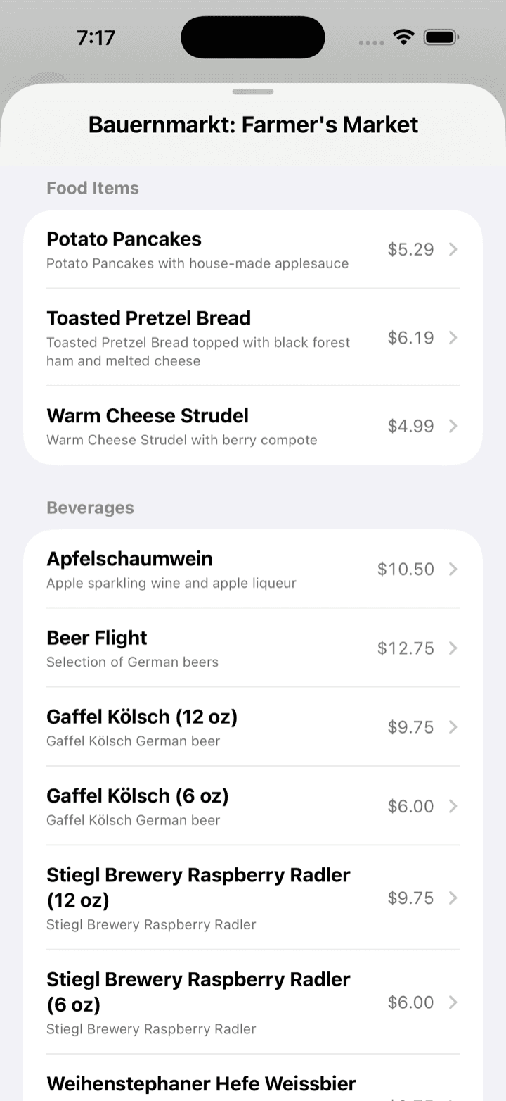 The WDW Planner app showing a festival booth menu with dishes, drinks, and prices